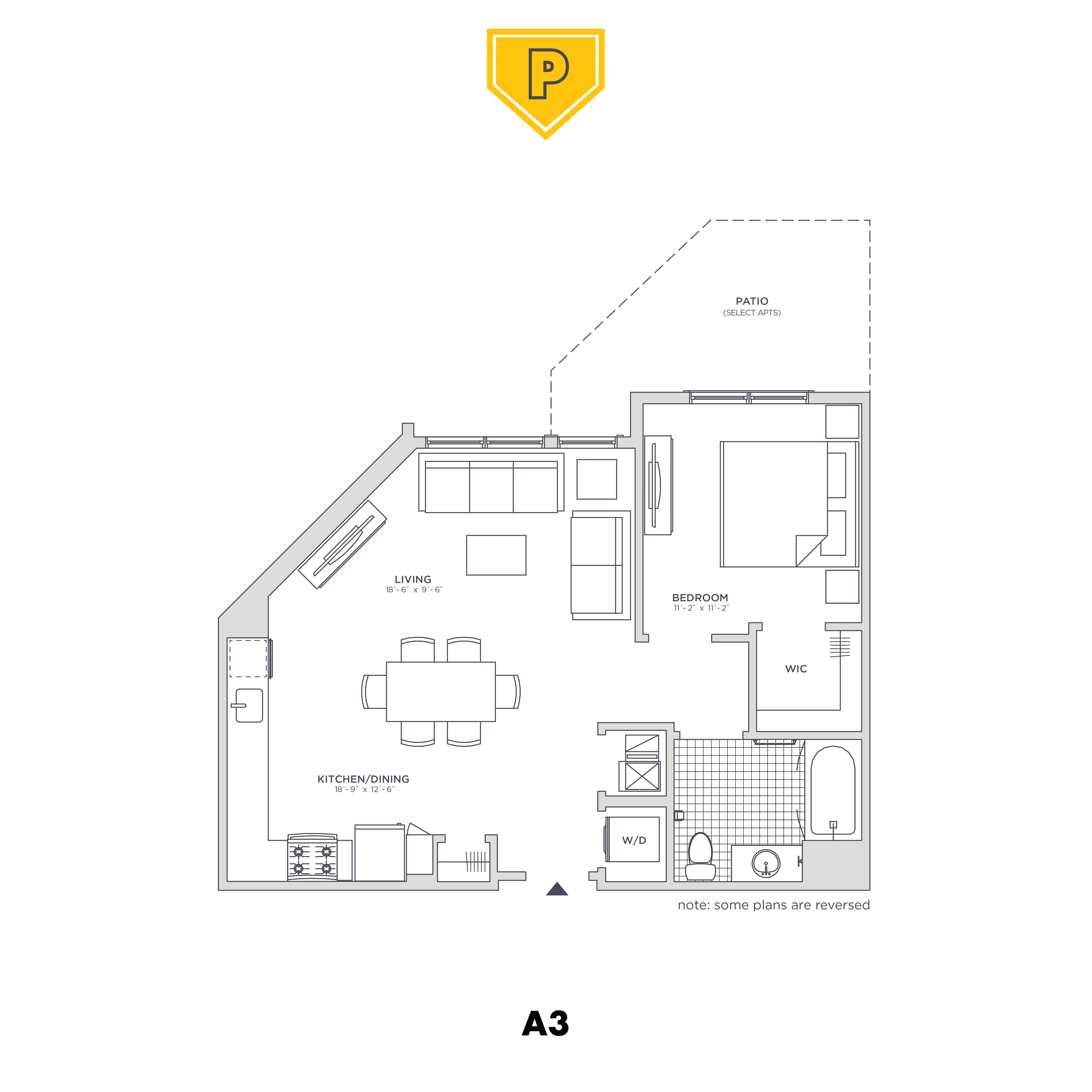 Floor plan for 1 bed, 1 bath, 725 sqft